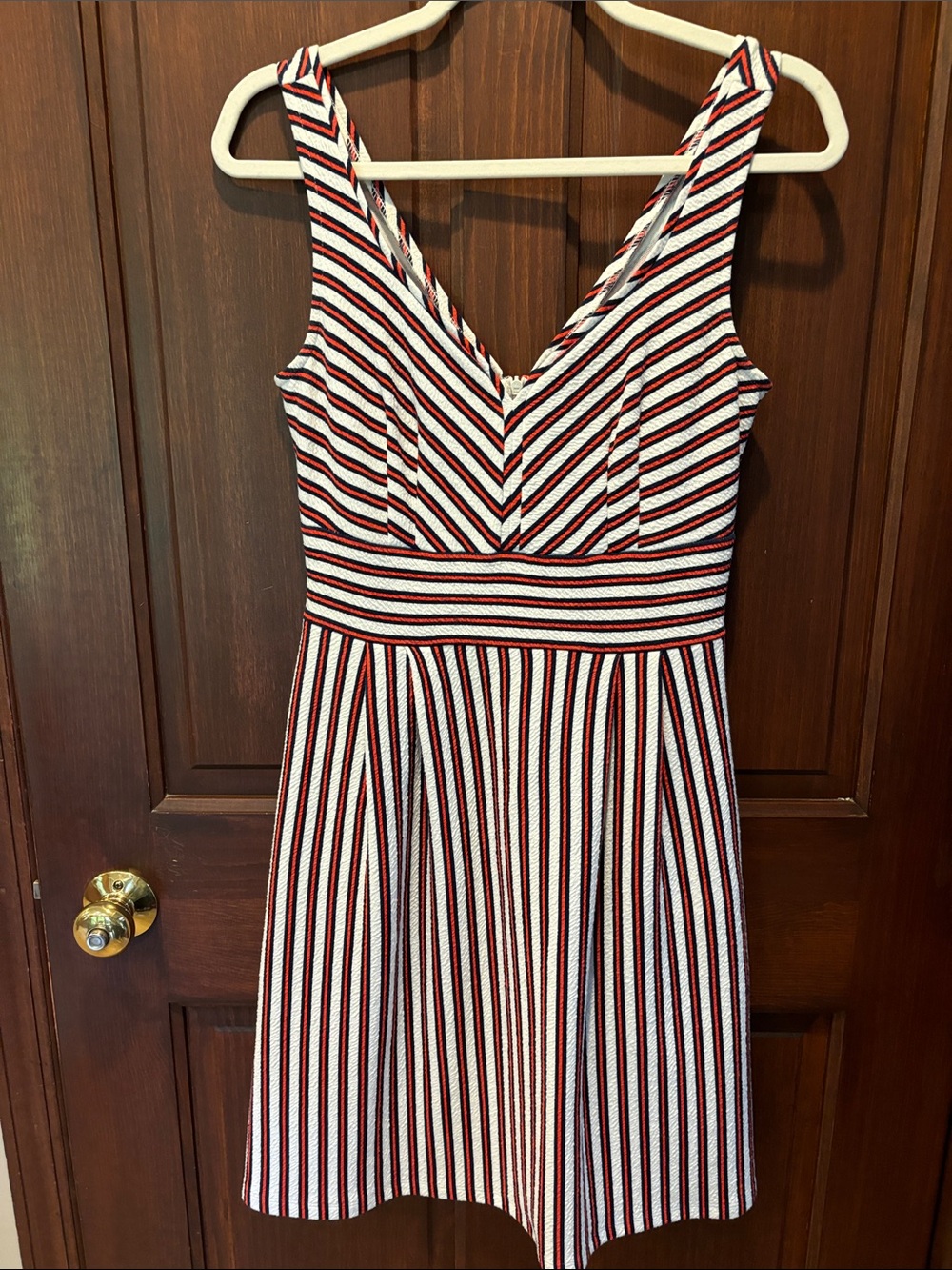 Maison Jules Red, Navy Blue and White Striped V-Neck Sleeveless Mini Dress